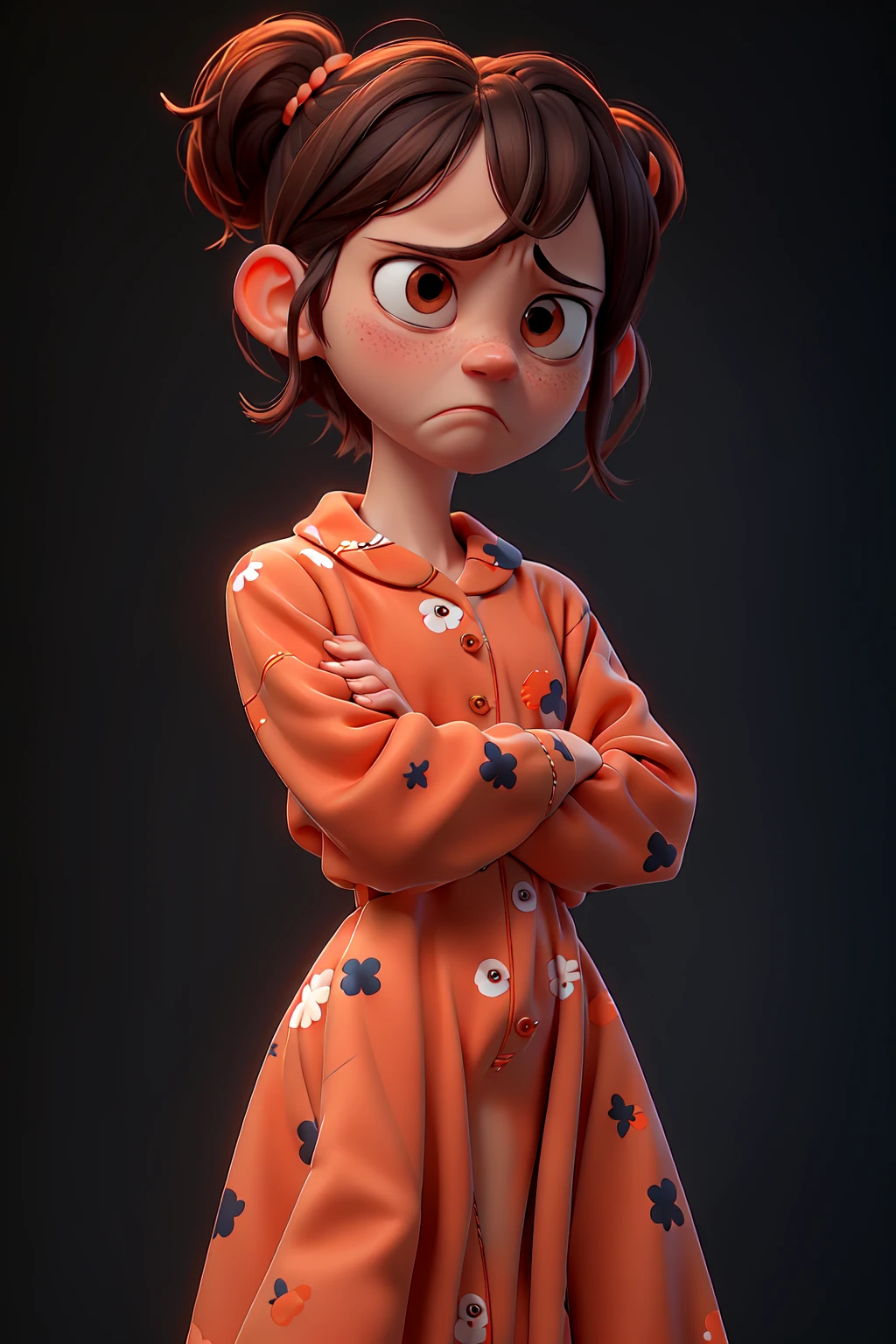 masterpiece, best quality,a sad girl wearing orange pajamas, sad mouth, her arms crossed, black background