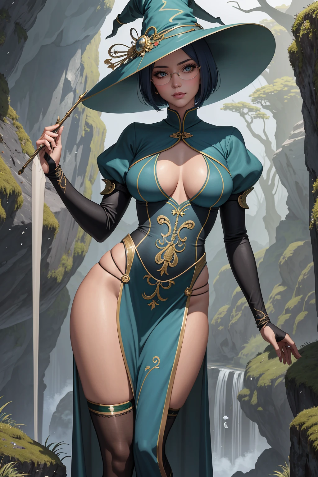 (masterpiece, best_quality, ultra-detailed, immaculate:1.3), epic, illustration, welcoming, depth of field, 1girl, (wind flyer:1.3), (by some Roman, Brazillian mossy rocks:1.3), full body, matte slate blue hair, bombshell bob cut, pose, [:intricate costume design:0.2], glowing eyes,wings,glasses, small breasts, wide hips, narrow waist, tall, slim toned hourglass figure,(muscular legs:0.25), , (witch outfit, clothes lift:1.2), (asian:1.3)