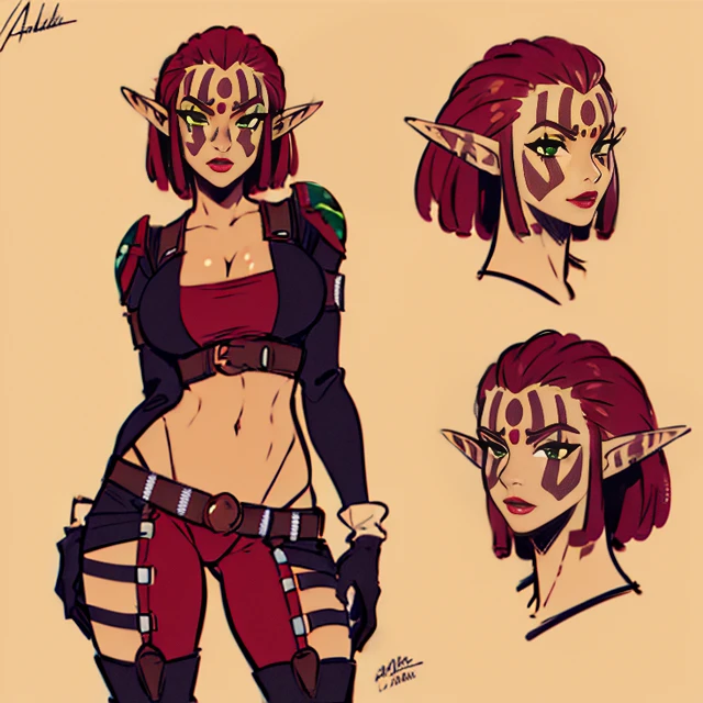 Ashelin, pointy ears,green eyes,dark skin,facial mark, red makeup , large breasts, short hair,elf, standing,
Aclothes,black gloves,highleg panties,midriff,belt,boots, pants
(insanely detailed, beautiful detailed face, masterpiece, best quality) <lora:Ashelin-09:0.7>