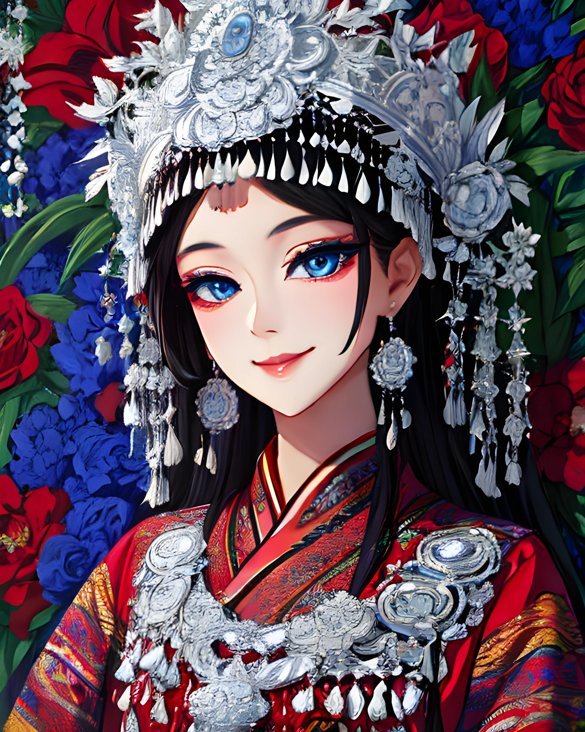 woman wearing miaofashion, portrait, big blue eyes, sweet smile, masterpiece, 8k, highest quality, trending on art station