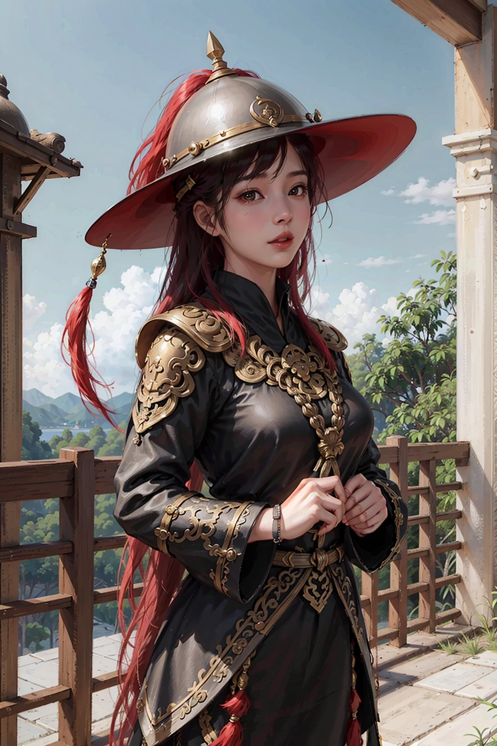 1girl, black hair, masterpiece, 8k, best quality, photorealistic, red_tassel_feidie_helmet, <lora:red_tassel_feidie_helmet_v3:0.5>, white rope