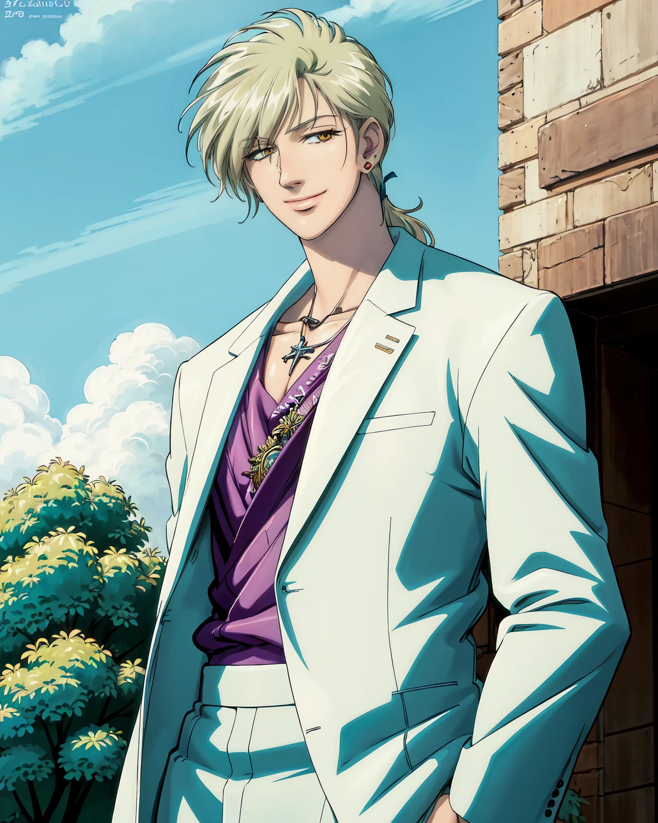 (Masterpiece, Best Quality:1.3), absurdres, high quality, 8k resolution, (faux traditional media:1.2), centered, manga, ((2d)), retro artstyle, 1990s \(style\), watercolor\(medium\), dynamic, eugene_volkan, (ultra-detailed), ((thick outline)), lineart, illustration, cover, cowboy shot, from below, (male focus), solo, smile, upper body, full body, (detailed face, detailed eyes:1.2), standing on one leg, stole, formal, suit, crossed arms, leaning, smile, looking at viewer, (details:1.2), highly detailed, intricate, stud earrings, <lora:Eugene-01:0.75>, (perfect composition and lighting:1.1), <lora:etama_quomo_offset:0.3>, volumetric lighting, shadow, <lora:takahashi_rumiko_offset:0.3>, ETAMA QUOMO, outdoors, day, (sunshine), scenery