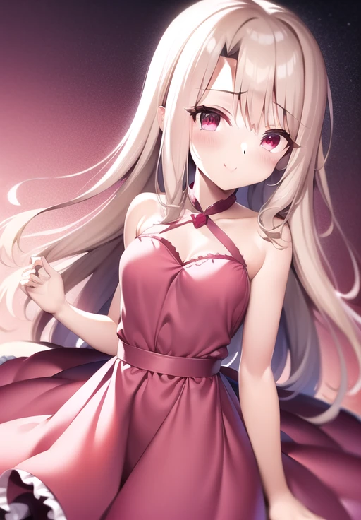 1girl, blonde hair, red eyes, smile, pink magic dress, bare shoulder, illya, <lora:illya10-000100:0.7>,