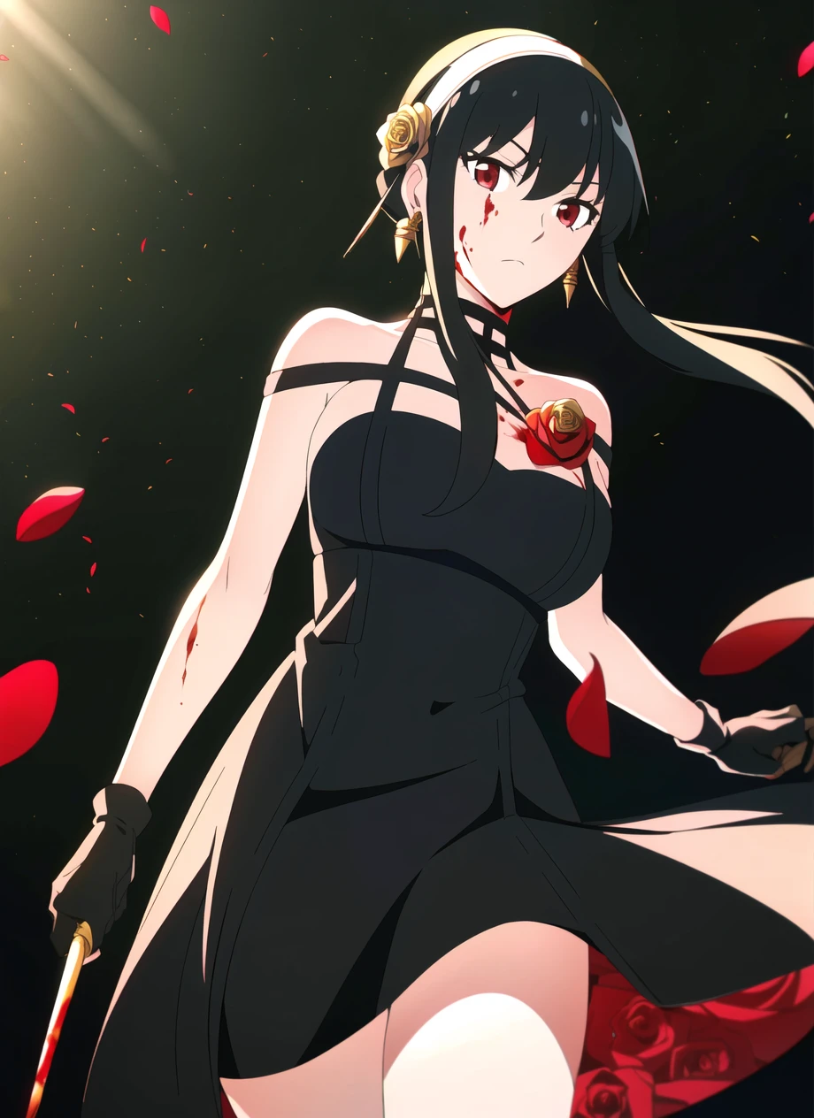 spy x family style, yor briar, 1girl, backlighting, bare shoulders, black background, black dress, black gloves, black hair, blood, blood on face, blood on weapon, breasts, closed mouth, cowboy shot, dress, earrings, expressionless, gloves, floating hair, floral print, flower, gold earrings, gold hairband, hair flower, hair ornament, hairband, jewelry, large breasts, light particles, long hair, looking at viewer, off-shoulder dress, off shoulder, petals, red eyes, rose, rose petals, rose print, short hair with long locks, sidelocks, solo, spikes, thighs, two-sided dress, two-sided fabric, ((masterpiece))<lora:yor:0.6><lora:spy_x_family_style_offset:1>