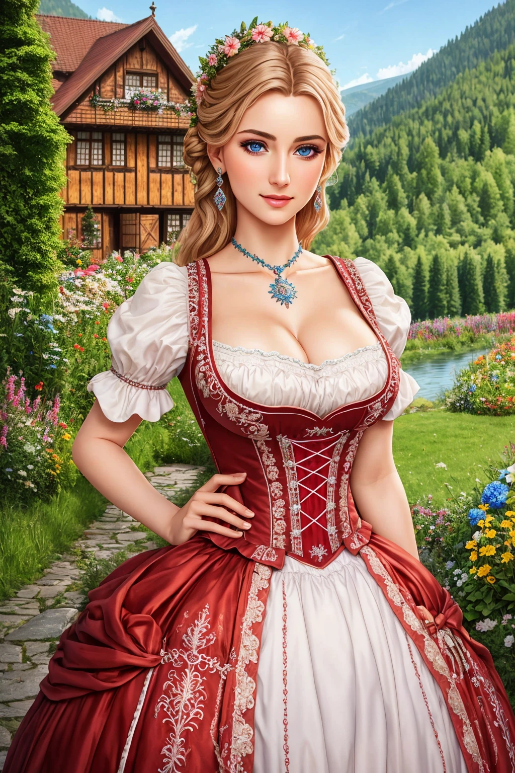 Masterpiece, absurdres,HDR,8k,best quality, ((beautifully detailed eyes and face)),
([ballgown|drindl]::0.5)
ballgown, a woman in traditional bavarian dress, wearing a drindl
 <lora:edgBavarianGown:1>