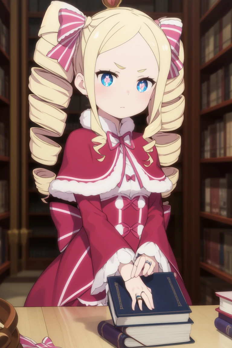 Betty
<lora:BettyV1:0.7>
upper body, looking at viewer, masterpiece, best quality,
1girl, 3d, blonde_hair, blue_eyes, blurry, blurry_background, blurry_foreground, book, bookshelf, bow, crown, depth_of_field, drill_hair, hair_ribbon, holding, holding_book, long_hair, long_sleeves, looking_at_viewer, mini_crown, pink_bow, ribbon, ringlets, solo, symbol-shaped_pupils, twin_drills, upper_body, v-shaped_eyebrows