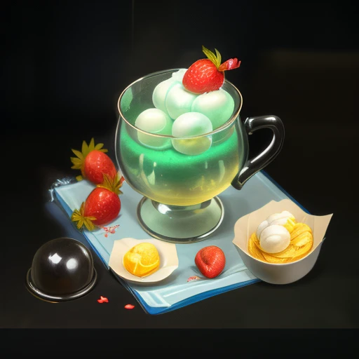 gameicon,masterpiece,best quality,ultra-detailed,masterpieces,The image is a scoop of ice cream in a cup, with a red cherry, a glass spoon, and green mint leaves,HD
Transparent background, 3D rendering
2D, Blender cycle, Volume light,
No human, objectification, fantasy, fantasy <lora:食物:1>