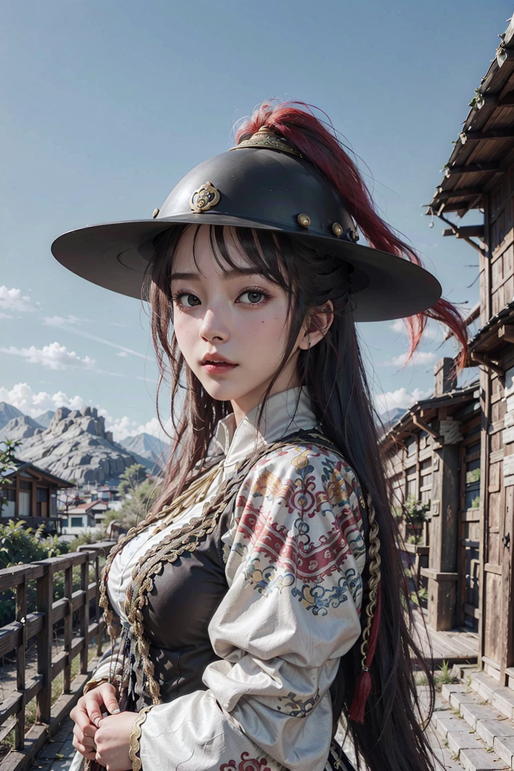 1girl, big breasts, black hair, masterpiece, 8k, best quality, photorealistic,red tassel, blue feidie_helmet, <lora:red_tassel_feidie_helmet_v3:0.53>, white rope
