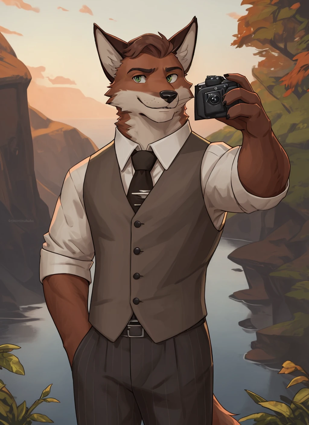 <lora:murdoch-09:0.9>, murdoch, solo, clothed, sleeves rolled up, brown fur, looking at viewer, ((camera)), holding camera