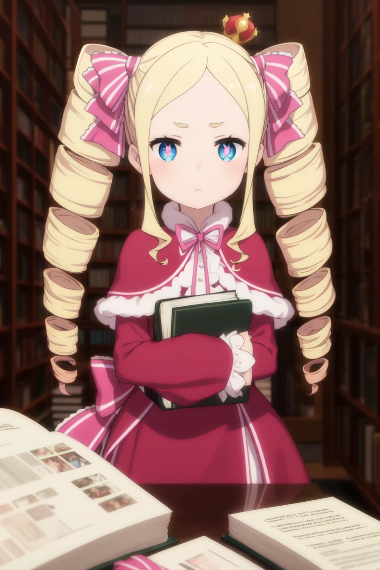 Betty
<lora:BettyV1:0.7>
upper body, looking at viewer, masterpiece, best quality,
1girl, 3d, blonde_hair, blue_eyes, blurry, blurry_background, blurry_foreground, book, bookshelf, bow, crown, depth_of_field, drill_hair, hair_ribbon, holding, holding_book, long_hair, long_sleeves, looking_at_viewer, mini_crown, pink_bow, ribbon, ringlets, solo, symbol-shaped_pupils, twin_drills, upper_body, v-shaped_eyebrows