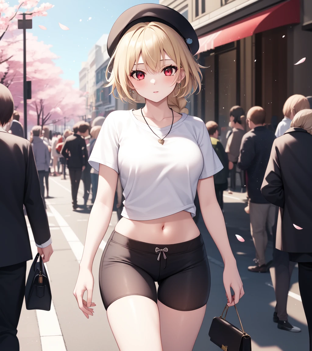 masterpiece, best quality, 1girl, solo, 1girl, (lambda-11), blonde hair, red eyes, (single braid), braid, medium breasts, spats, t-shirt, outdoor, street, (bike shorts), casual clothes, midriff, pantylines, cherry blossoms, petals, light particles, tight shorts, mini hat, yellow bag, hips, crowd, best shadows, best highlights, blue sky, necklace, solo focus, skindentation,