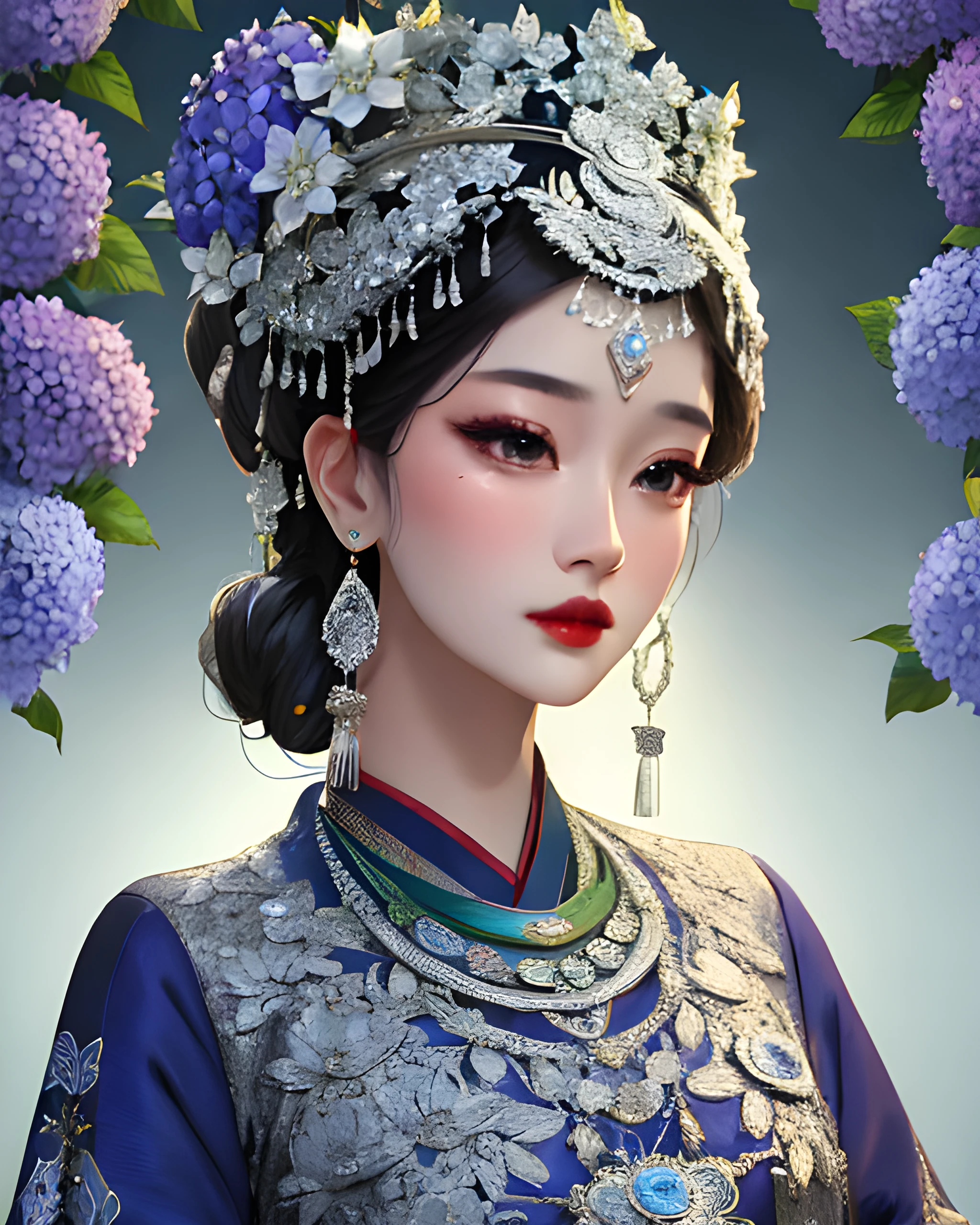 (woman wearing miaofashion)1.2, portrait, extremely fancy up-do, (hydrangea wallpaper), decorative wrought-iron fence, extremely detailed clothes, slate-blue green and white, opal jewelry, extravagant jewelry, masterpiece, 8k, highest quality, trending on artstation