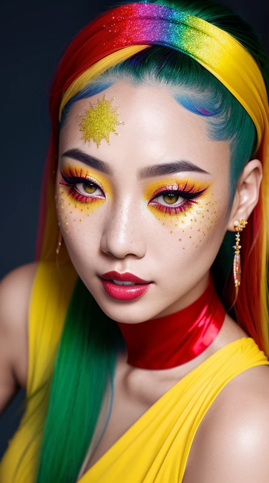 beautiful asian lady, freckles, brilliant glitter makeup, (red and blue and yellow and green and vitiligo skin: 1.5), perfect sexy breasts, hyperdetailed photography, soft light, head and breast portrait, cover,, best quality, (detailed beautiful face, detail skin texture, ultra-detailed body:1.1)