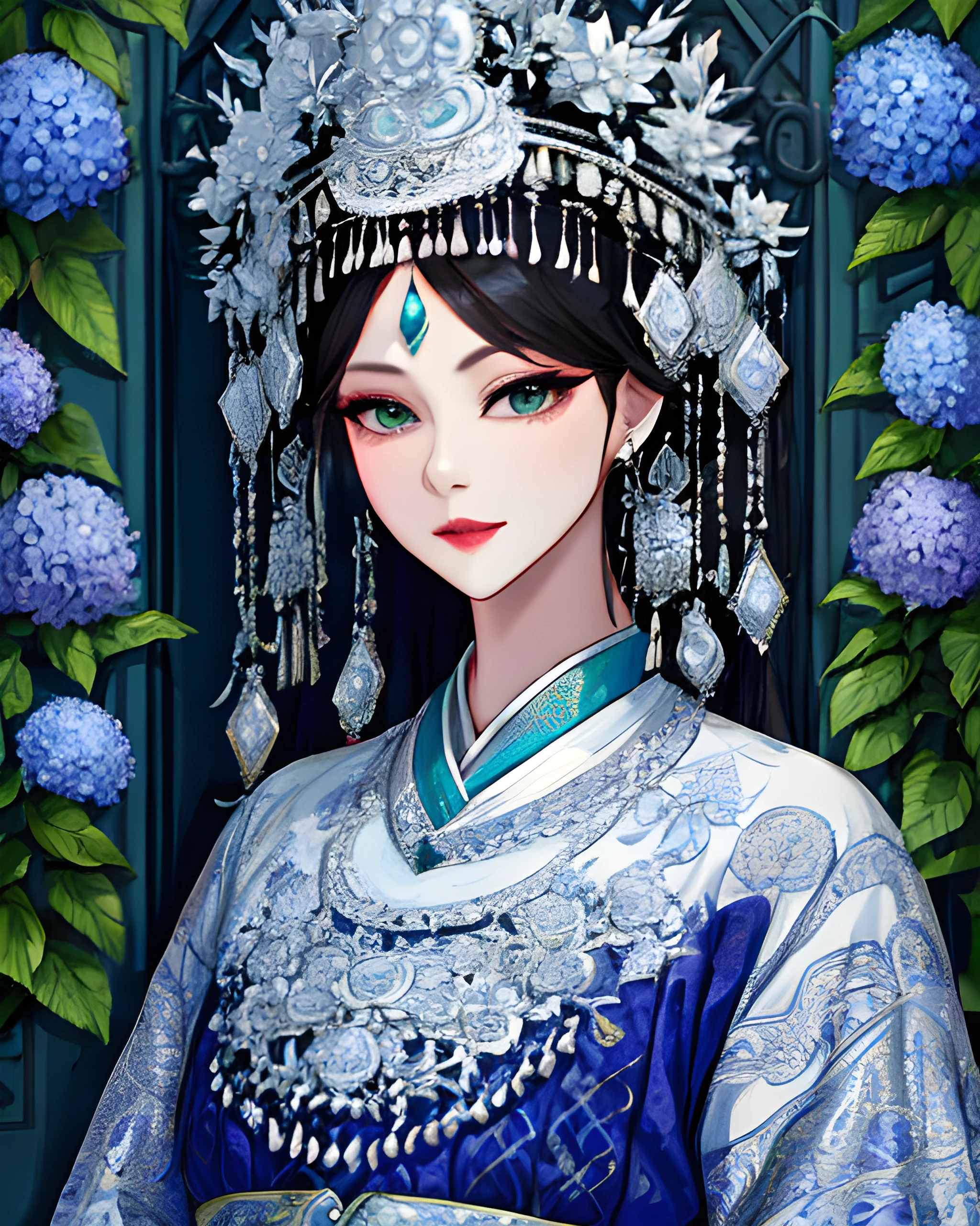 (woman wearing miaofashion)1.2, portrait, extremely fancy up-do, (hydrangea wallpaper), decorative wrought-iron fence, extremely detailed clothes, slate-blue green and white, opal jewelry, extravagant jewelry, masterpiece, 8k, highest quality, trending on artstation