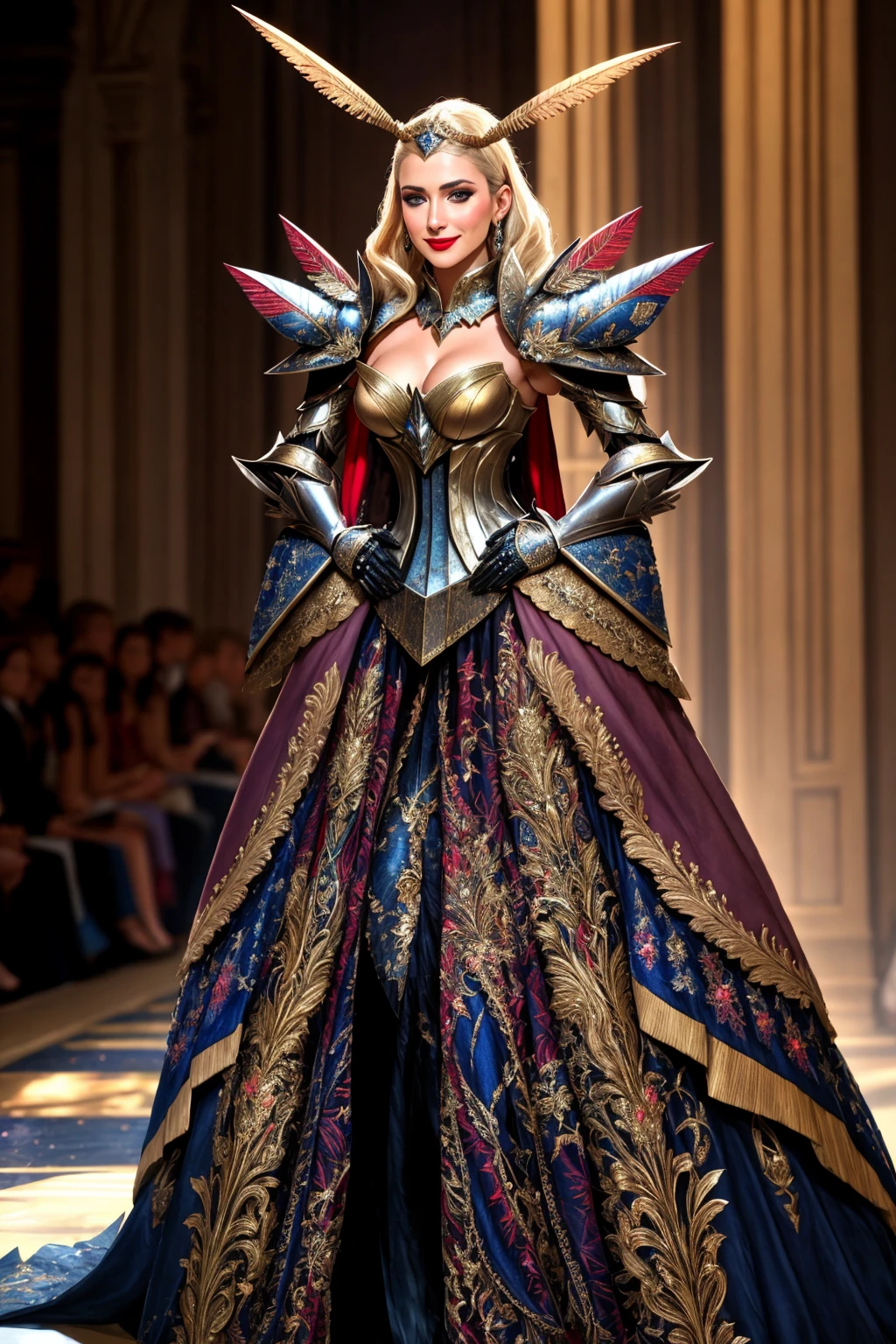 Masterpiece, absurdres,HDR,8k,best quality,smiling
([edgMothKnight|Haute_Couture]::0.5)
edgMothKnight,Haute_Couture designer dress, embroidery,fashion show background,   armor, hand on hip,  feathers, lipstick, shoulder armor, gauntlets, breastplate, moth_knight,cowboy shot
 <lora:MothCouture:0.75>