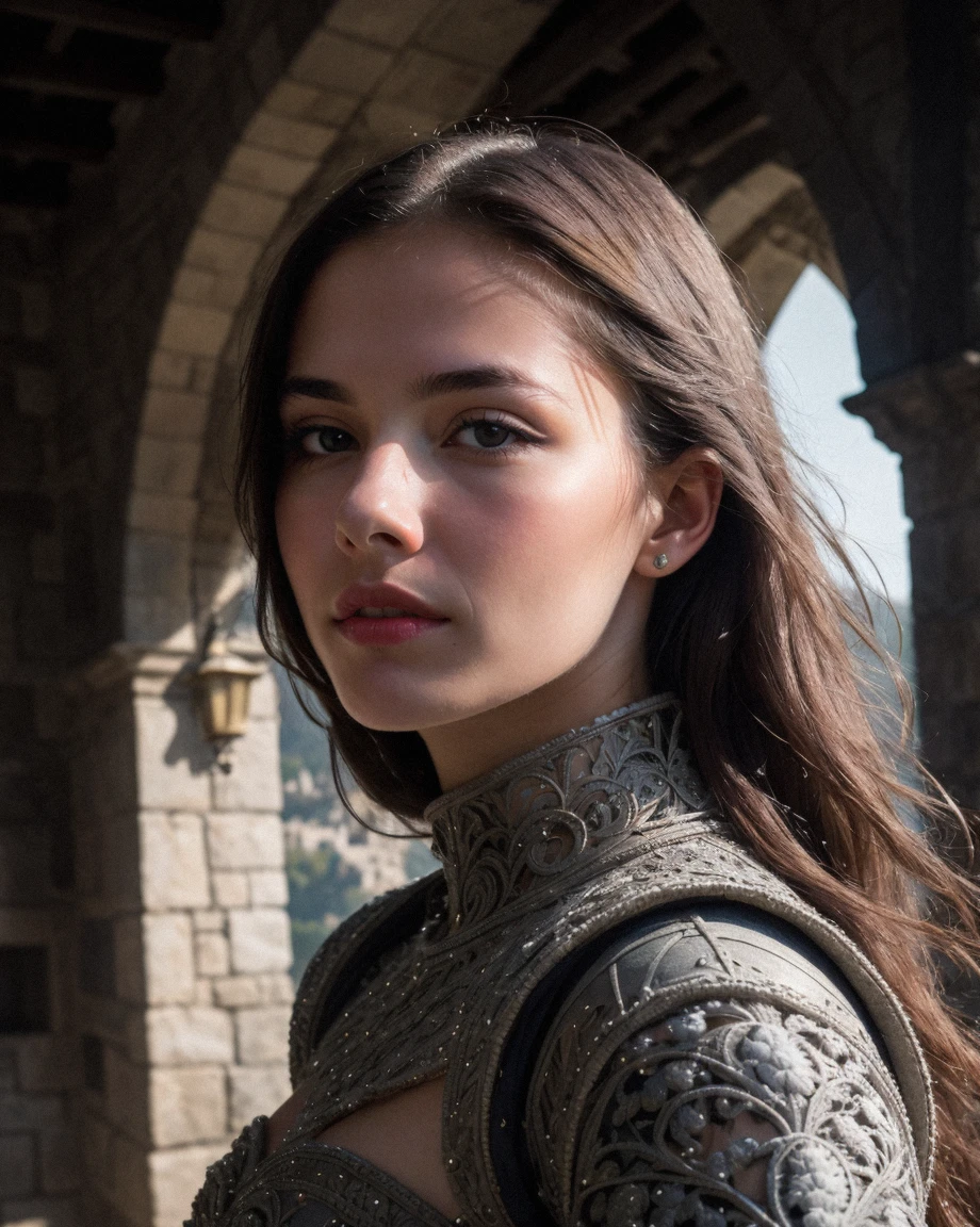 (masterpiece), (extremely intricate:1.3), (realistic), portrait of a girl, the most beautiful in the world, (medieval armor), metal reflections, upper body, outdoors, intense sunlight, far away castle, professional photograph of a stunning woman detailed, sharp focus, dramatic, award winning, cinematic lighting, octane render, unreal engine, volumetrics dtx