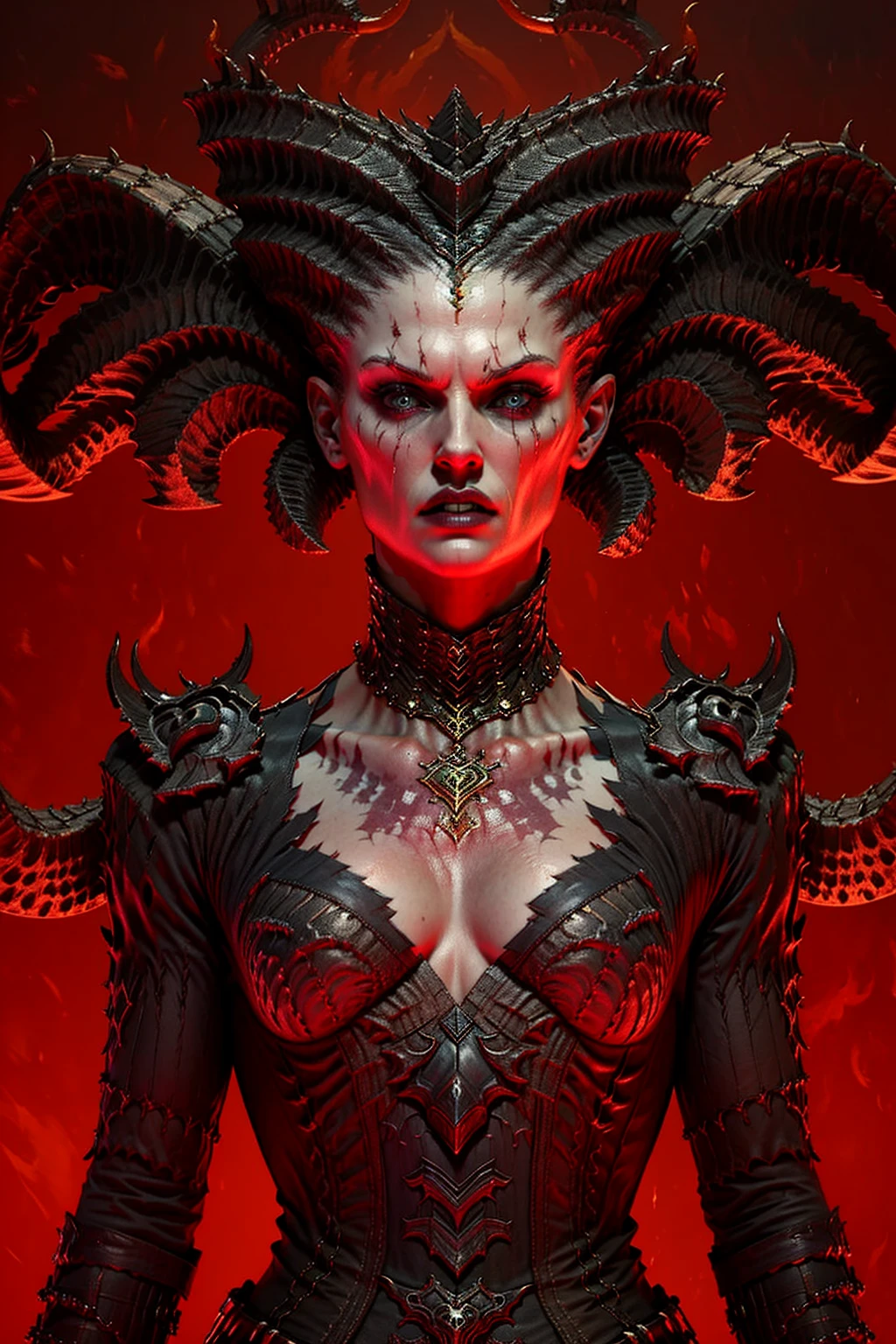 Lilith portrait standing in front of a red background in the style of D14bl0