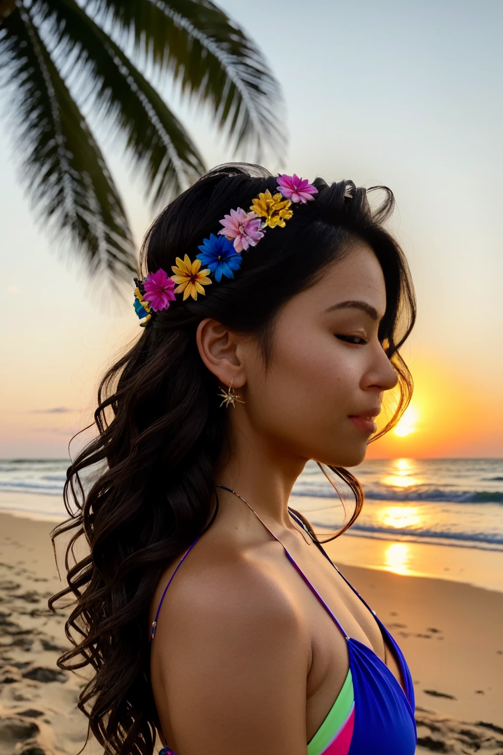 a portrait of a beautiful rainbow woman, from the side, she has long wavy hair, she is wearing an intricate bikini, hair flower accessory background of a beach, palm, sunset, sun-kissed, sunflare, <lora:xEpi:1.4><lora:Elixir:1>