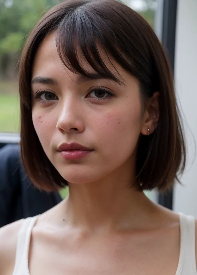 RAW photo, nsfw, panty shot, sitting woman, 25 yo, (bangs hair:1.2), ( brown  bunches hair:1.2), (gray eyes:1.2), faint lips, cowboy shot, front view,
(freckles, mole:0.2), skin spots, acnes, skin blemishes, age spot, lanugo, pimple, blood spot, dirty,
in the train, rural landscape, window, on seat, her peaceful expression and gentle breathing create a calming atmosphere,, Ultra-high quality photos, RAW photo, beautiful detailed face and eyes, (photorealistic:1.4), best quality, highres, realistic, 16k, caustics, Core shadow, dynamic light, beautiful and delicate lips, delicate fingers, detailed pupil, real human skin, (Extremely detailed),