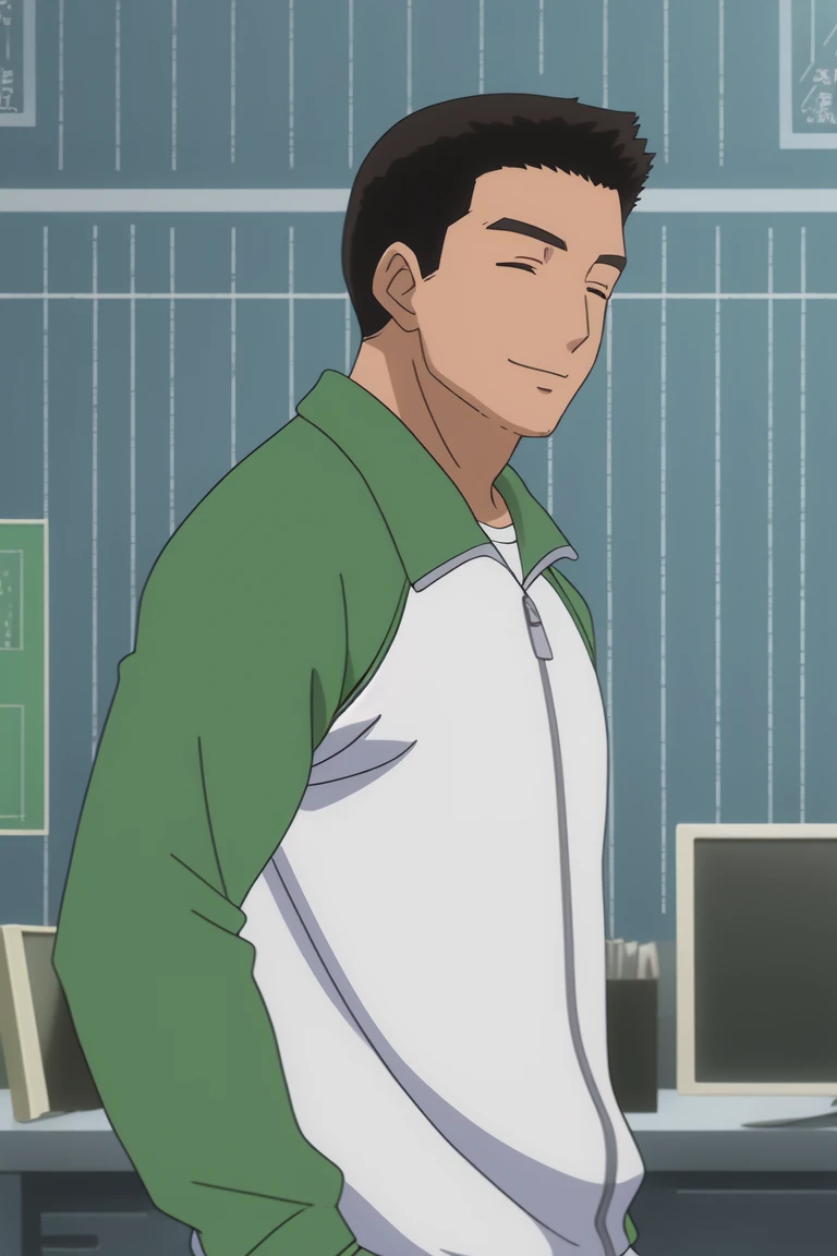 <lora:KodomoNoJikan_oyajima:0.7> oyajima, track jacket, mature male, 8k, masterpiece, absurdres, anime,