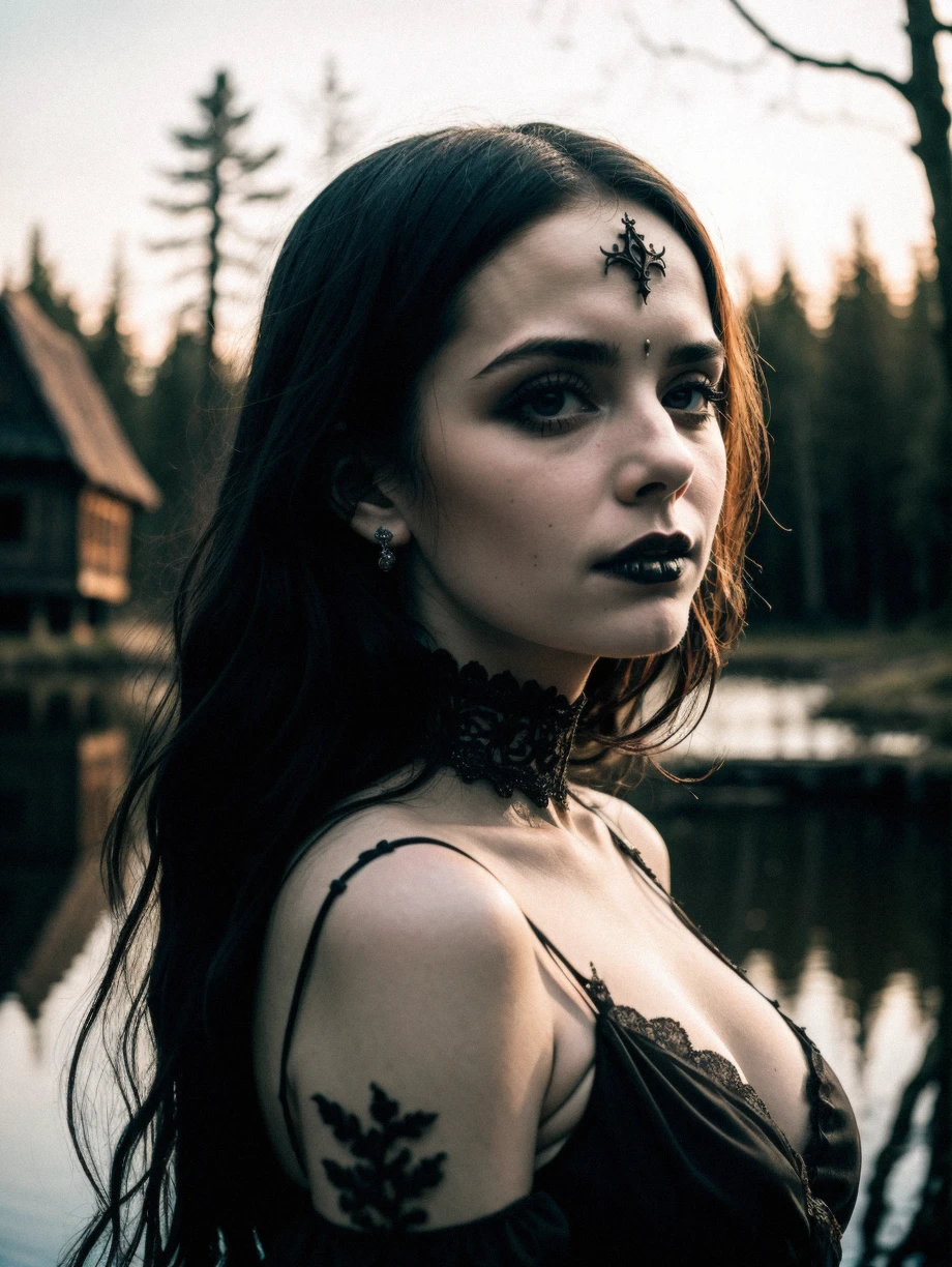 realistic, a photo of a gothic horror woman in a black lake, beautiful woman, unsettling horror, professional,  (Extremely Detailed:1.2), glow effects, godrays,  intricate details, sharp focus, dramatic, photorealistic, tribal village, wooden village, burning forest background, sharp contrast, many colours, serious face, smirking,