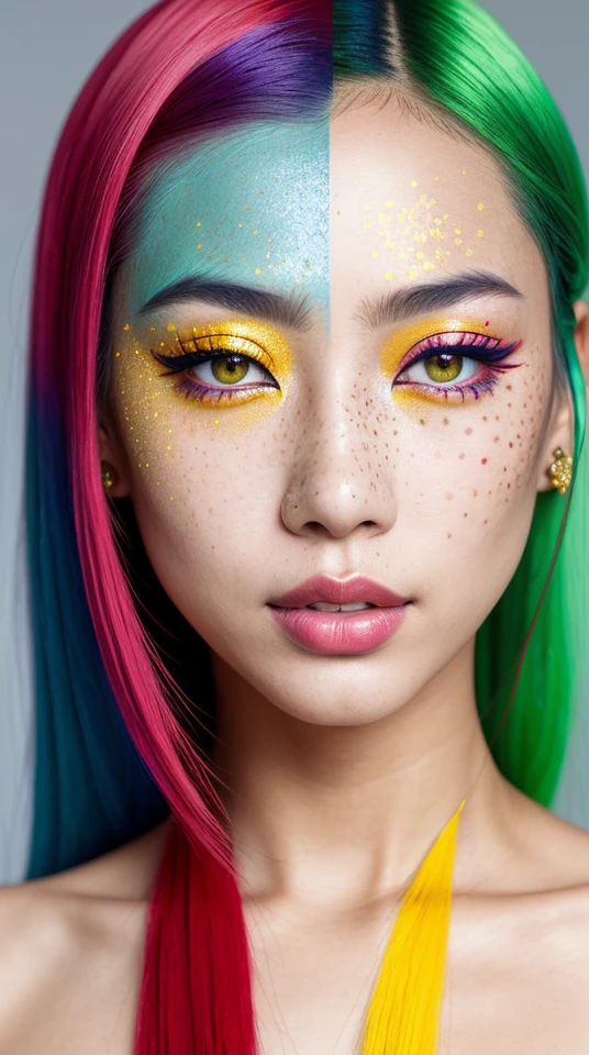 beautiful asian lady, freckles, brilliant glitter makeup, (red and blue and yellow and green and vitiligo skin: 1.5), perfect sexy breasts, hyperdetailed photography, soft light, head and breast portrait, cover,, best quality, (detailed beautiful face, detail skin texture, ultra-detailed body:1.1)