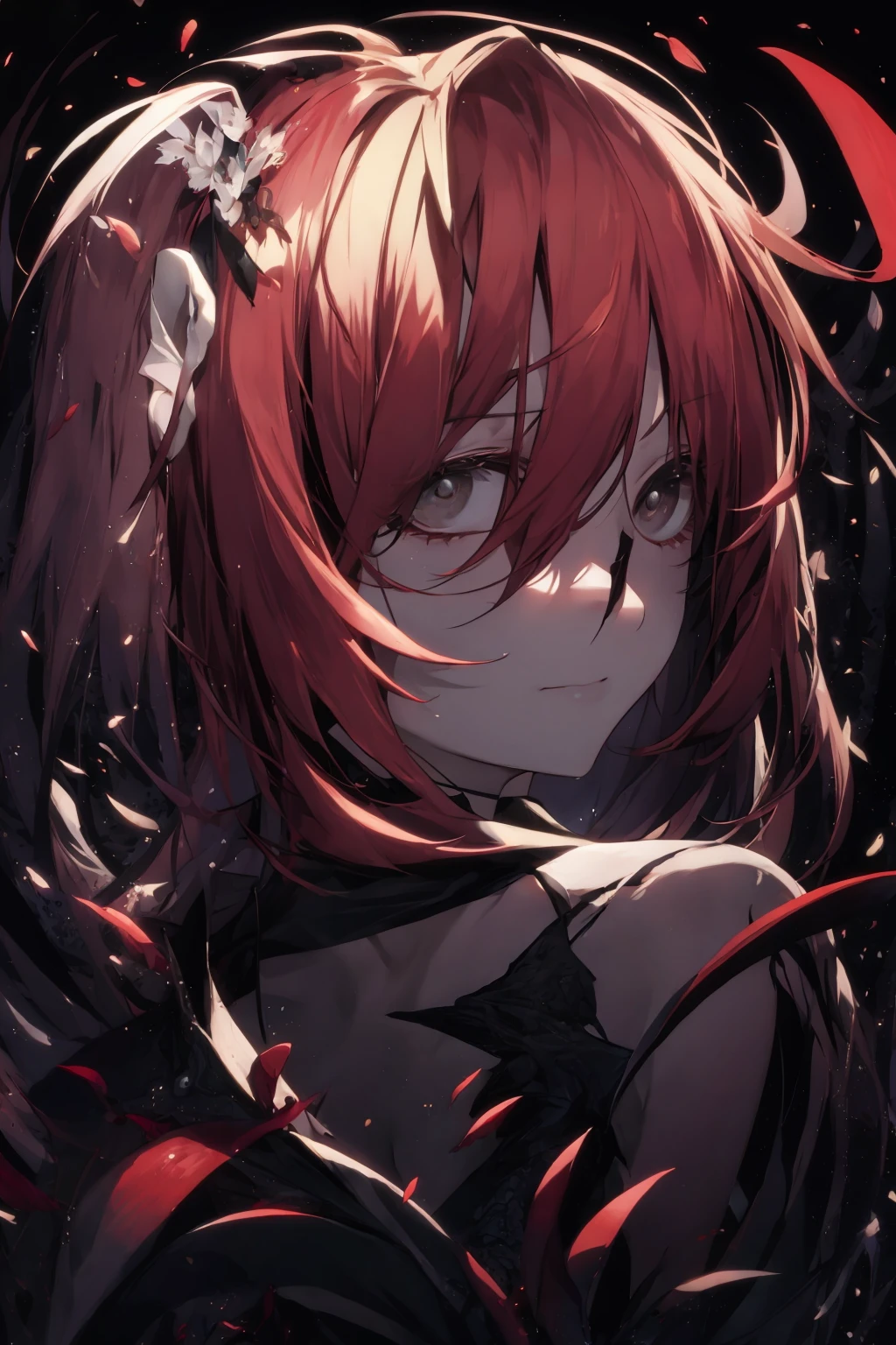 1man close up potrait in the style of <lora:redmoondjm:1.5>, red eyes, same hair, same eye shape, good hand, dark forest background, red moon, back,