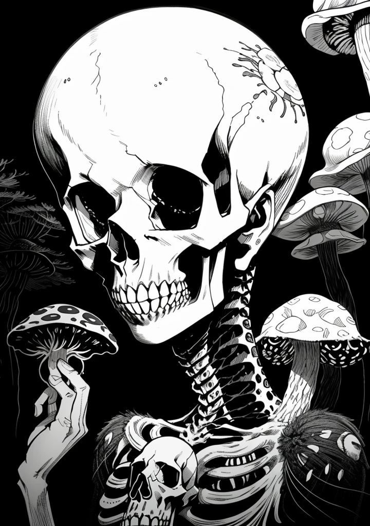 best quality,masterpiece,<lyco:itoStyleLoRA:0.6>,junji ito style,inked,horror manga,mushroom,bioluminescent,fungal infection,contagion,skull,
