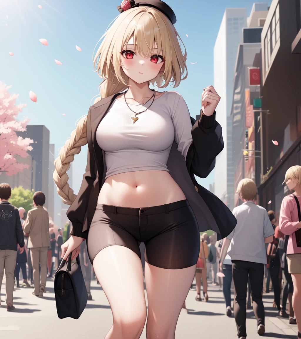 masterpiece, best quality, 1girl, solo, 1girl, (lambda-11), blonde hair, red eyes, (single braid), braid, medium breasts, spats, t-shirt, outdoor, street, (bike shorts), casual clothes, midriff, pantylines, cherry blossoms, petals, light particles, tight shorts, mini hat, bag, hips, crowd, best shadows, best highlights, blue sky, necklace, solo focus, skindentation,
