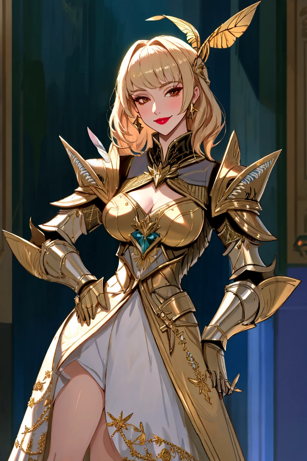 Masterpiece, absurdres,HDR,8k,best quality,smiling
([edgMothKnight|Haute_Couture]::0.5)
edgMothKnight,Haute_Couture designer dress, embroidery,fashion show background,   armor, hand on hip,  feathers, lipstick, shoulder armor, gauntlets, breastplate, moth_knight,cowboy shot
 <lora:MothCouture:0.75>