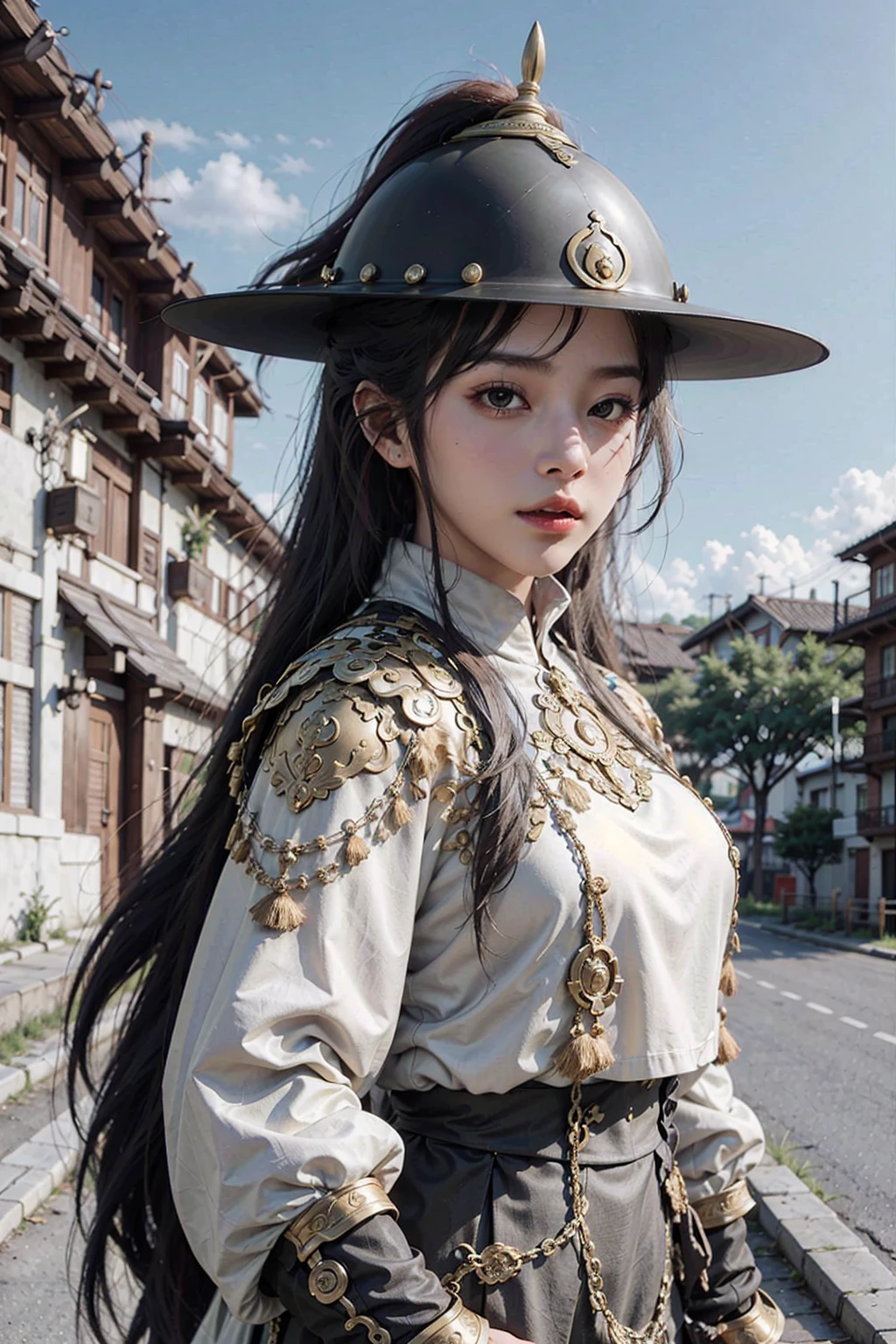 1girl, black hair, masterpiece, 8k, best quality, photorealistic,black tassel, (golden) feidie_helmet, <lora:red_tassel_feidie_helmet_v3:0.53>, white rope