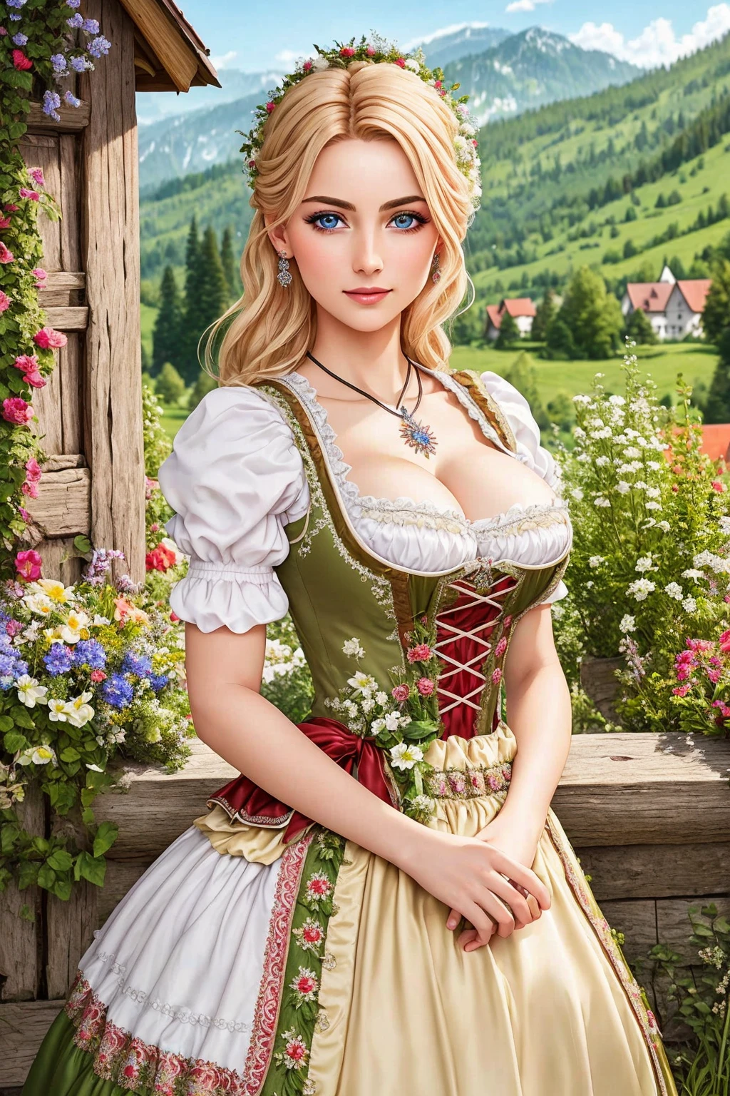 Masterpiece, absurdres,HDR,8k,best quality, ((beautifully detailed eyes and face)),
([ballgown|dirndl]::0.88)
((ballgown)), a woman in traditional bavarian dress, wearing a dirndl
 <lora:edgBavarianGown:1>