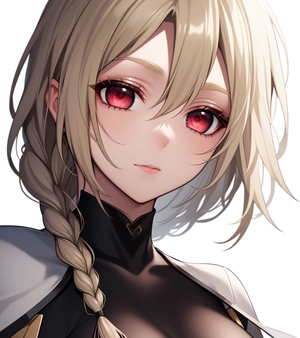 masterpiece, best quality, 1girl, solo, 1girl, (lambda11), blonde hair, red eyes, (single braid), braid, medium breasts, bodysuit, unitard, skin tight, capelet, cape, detached sleeves, bridal gauntlets, bedroom, close-up, beautiful face,