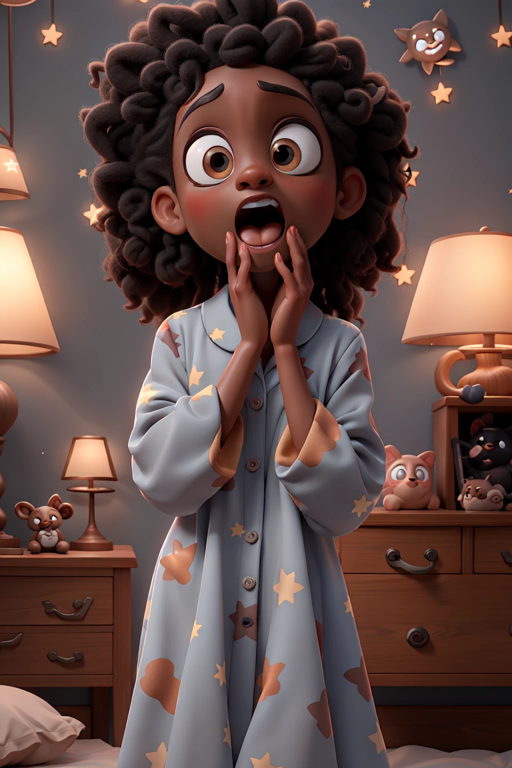 masterpiece, best quality,a surprised black girl wearing pajamas on a bed wwith her hand on her chin, stars on the wall background
