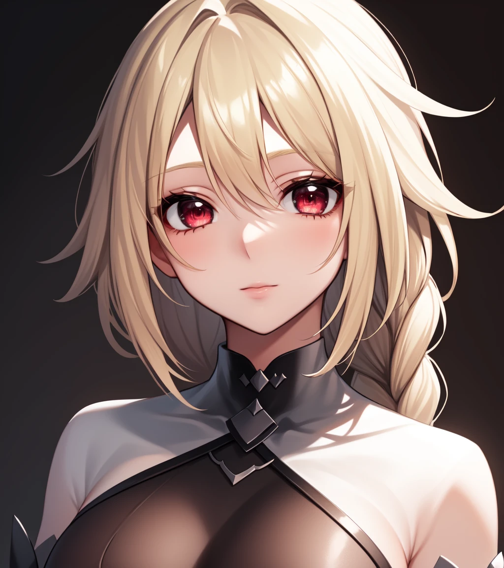 masterpiece, best quality, 1girl, solo, 1girl, (lambda11), blonde hair, red eyes, (single braid), braid, medium breasts, bodysuit, unitard, skin tight, capelet, cape, detached sleeves, bridal gauntlets, bedroom, close-up, beautiful face,