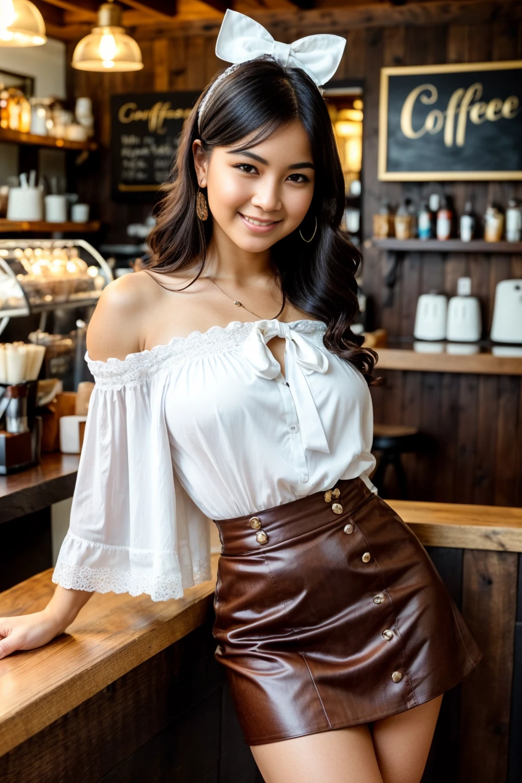 (face in frame:1.2), highly detailed stunningly gorgeous woman beautiful voluptuously with (big breast and buttocks:0.8), (coffee shop:1.2, wooden bar counter:1.2, steampunk environment:1.2, complex backgrounds:1.2), long wavy hair, (white head bow:1.2, intricated white mini dress with bouffant sleeves:1.2), (perfect eyes:1.2), (perfect face:1.2), (perfect hands:1.2), (perfect fingers:1.2), (perfect legs:1.2), (toned physique:1.2), high quality RAW photograph, bold and attractive features, hyper detailed, hyper realistic, amazing and beautiful, Hasselblad 35mm lens, f/4, ISO 400, (lifting up skirt:1.1), medium full shot, skin tight, no_underwear, smiling, character centered in frame <lora:epiNoiseoffset_v2:1> <lora:add_detail:0.6><lora:Elixir:1>
