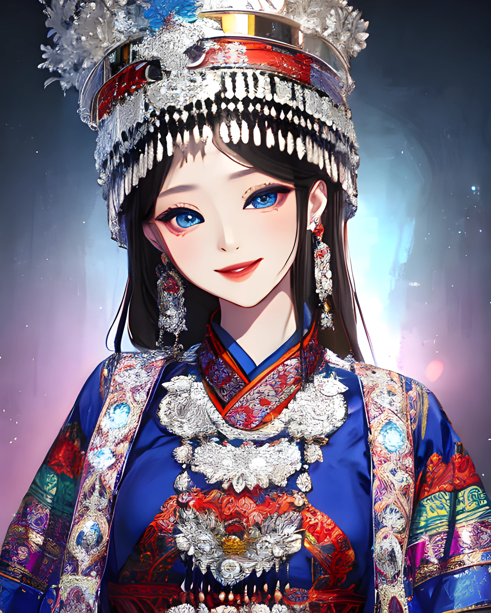 woman wearing miaofashion, portrait, big blue eyes, sweet smile, masterpiece, 8k, highest quality, trending on art station