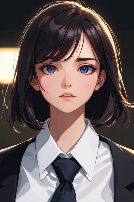 Anime girl with blue eyes and black tie in a dark room - SeaArt AI