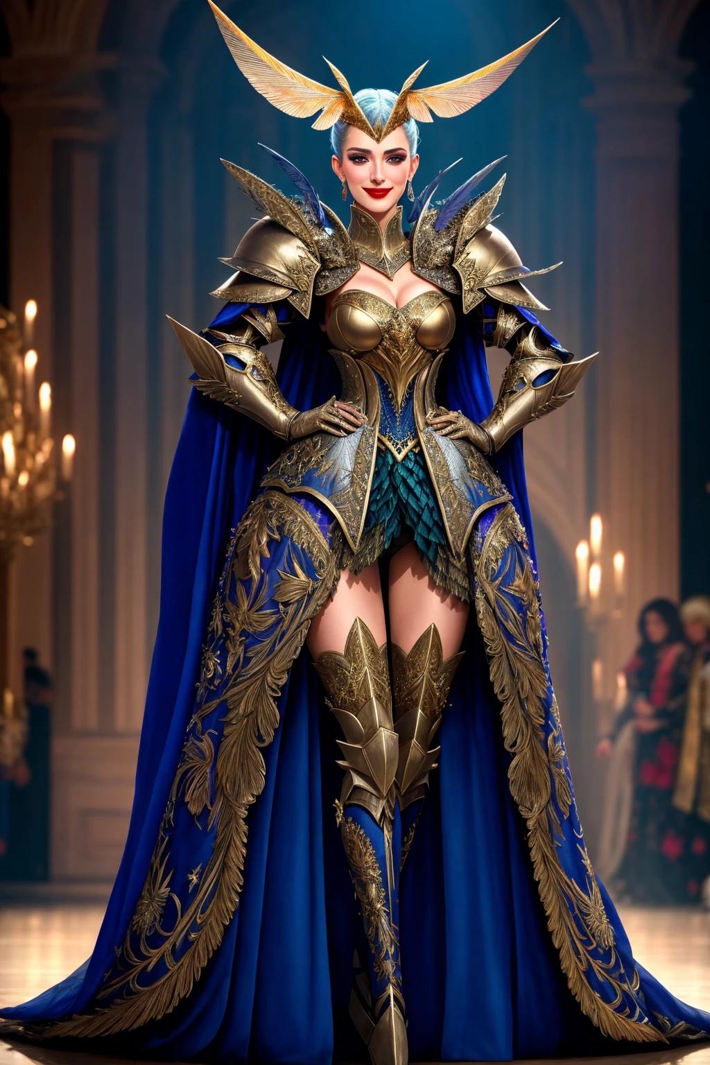 Masterpiece, absurdres,HDR,8k,best quality,smiling
([edgMothKnight|Haute_Couture]::0.5)
edgMothKnight,Haute_Couture designer dress, embroidery,fashion show background,   armor, hand on hip,  feathers, lipstick, shoulder armor, gauntlets, breastplate, moth_knight,cowboy shot
 <lora:MothCouture:0.75>