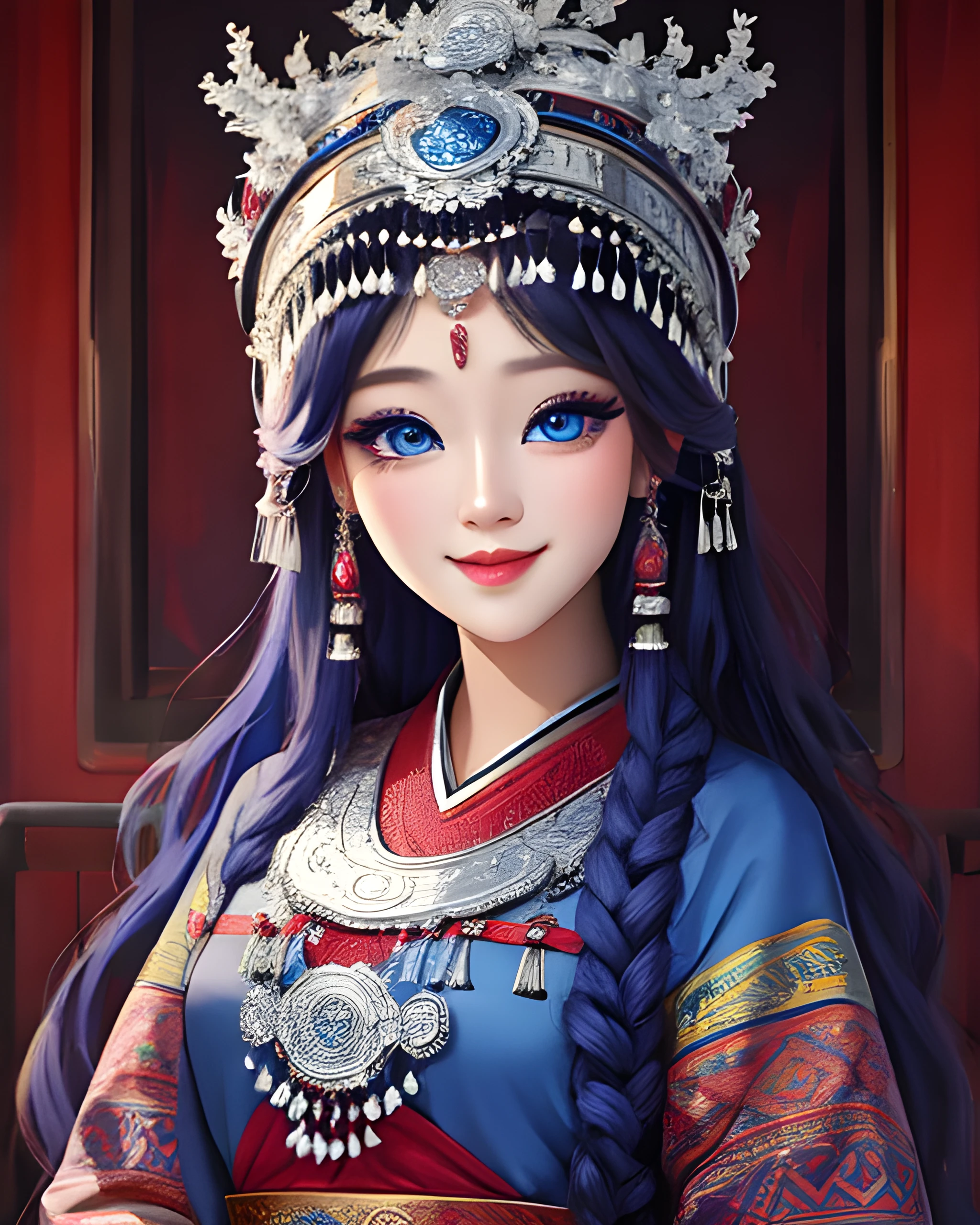 woman wearing miaofashion, portrait, big blue eyes, sweet smile, masterpiece, 8k, highest quality, trending on art station