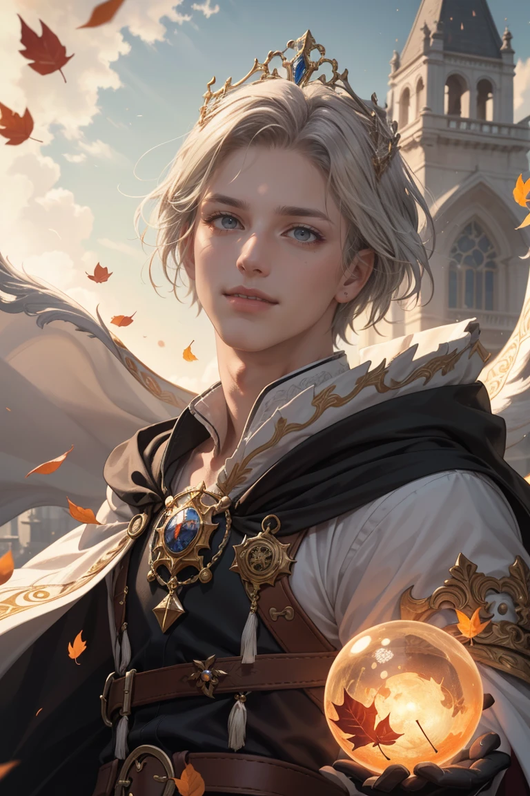 (Absurdres, Intricate Details, Masterpiece, Best Quality, High Resolution, 8k), 1 male, masculine, young, aged up, dreadful, finely detailed eyes and face, gray short back and sides hair, black eyes, portrait, looking at viewer, solo, (full body:0.6), detailed background, (<lora:RootsBranchesAIv5:0.4>, RootsBranchesAI theme:1.1) glowing eyes, gentle smile, high fantasy, cleric, casting healing spell, hovering in air, sunshine, floating leaves, color cape, gloves, magic sphere, divine spell, mana, bright realistic lighting, marble castle in background, peaceful atmosphere, tiara of light hovering above head, , Depth of Field, VFX.