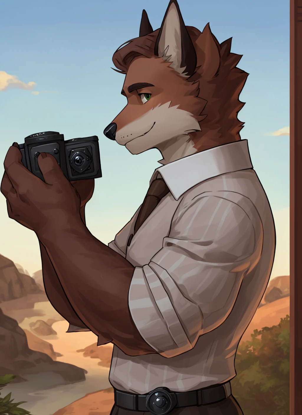 <lora:murdoch-09:0.9>, murdoch, solo, clothed, sleeves rolled up, brown fur, looking at viewer, ((camera)), holding camera, ((side view))
