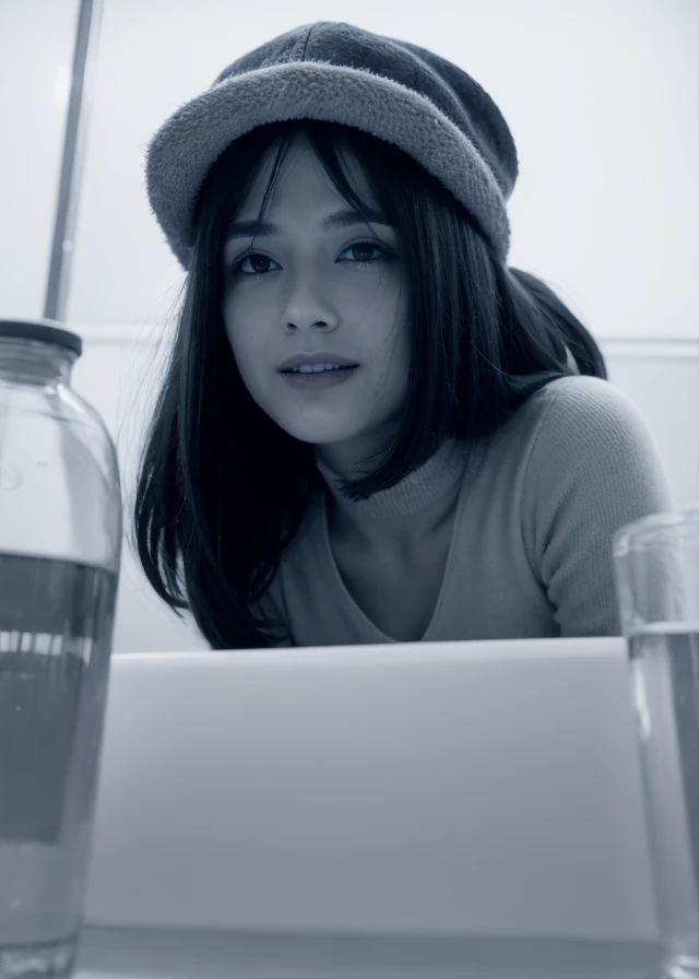 Ultra-high quality photos, RAW photo, beautiful detailed face and eyes, (photorealistic:1.4), best quality, highres, realistic, 16k, caustics, Core shadow, dynamic light, beautiful and delicate lips, delicate fingers, detailed pupil, real human skin, (Extremely detailed), RAW photo, nsfw, panty shot, sitting woman, 25 yo, (bangs hair:1.2), faint lips, cowboy shot, from below , (high contrast hair, hair flaps hair:1.36), giggling,
(freckles, mole:0.2), (skin spots, acnes, skin blemishes, age spot, lanugo, pimple, blood spot, dirty,:0.2)
(in the laboratory:1.3), her peaceful expression and gentle breathing create a calming atmosphere
