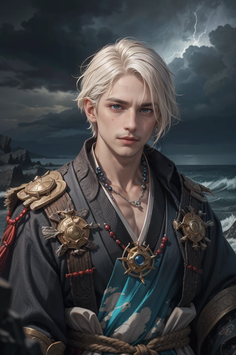 (Absurdres, Intricate Details, Masterpiece, Best Quality, High Resolution, 8k), 1 male, thin, young, aged up, freckles, finely detailed eyes and face, platinum blonde fade with mustache hair, brown eyes, solo, (full body:0.6), detailed background, detailed face, (<lora:totempunkai_v20:0.5>, totempunkai, totem theme:1.1), wise, white facepaint, elementalist shaman, mystical, color frayed clothes, beads, totem, amulet, obsidian, (style-swirlmagic:0.8), surrounded by blue magic swirls, rock formations in background, storm, foreboding atmosphere, feudal japan, Depth of Field, VFX.