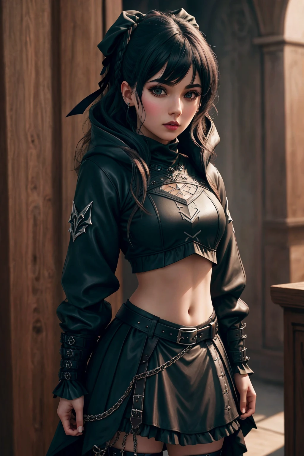 Masterpiece, absurdres,8k, extremely detailed, amazing, fine detail,correct anatomy,
([hoodie|GothGal|DRK_Glam,armor]::0.55),closeup,
dark armor,a woman wearing a GothGal_hoodie,leather belt, ribbon, frilled skirt,navel cutout,
 <lora:DarkHoodies:0.75>