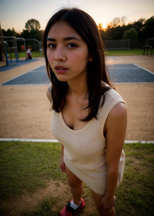 low contrast, 1girl, wearing textile presser outfits, (golden hour hair,  sidelocks hair:1.36),
, Various postures, contemptuous, badmood, slender, 
(freckles:0.5), (dark mole:0.3), (skin spots, acnes, skin blemishes, age spot, lanugo:0.3), from above, in the (playground:1.4), 
cgsociety,
autumn,
dusk,, Ultra-high quality photos, RAW photo, beautiful detailed face and eyes, (photorealistic:1.4), best quality, highres, realistic, 16k, caustics, Core shadow, dynamic light, beautiful and delicate lips, delicate fingers, detailed pupil, real human skin, (Extremely detailed),