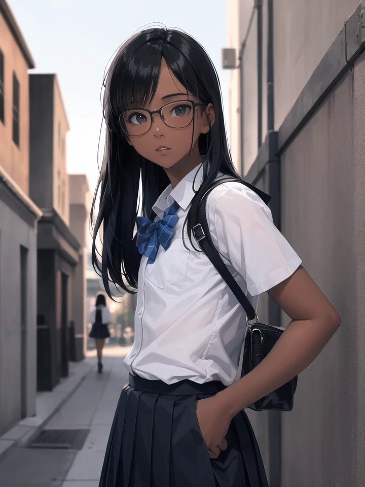 [best quality high quality](solo)<lora:chocoskin:1>skinny small breasts nerdy girl glasses long black hair teenage cute pensive walking urban alley detailed delicate face serious sunny sky superrealistic illustration