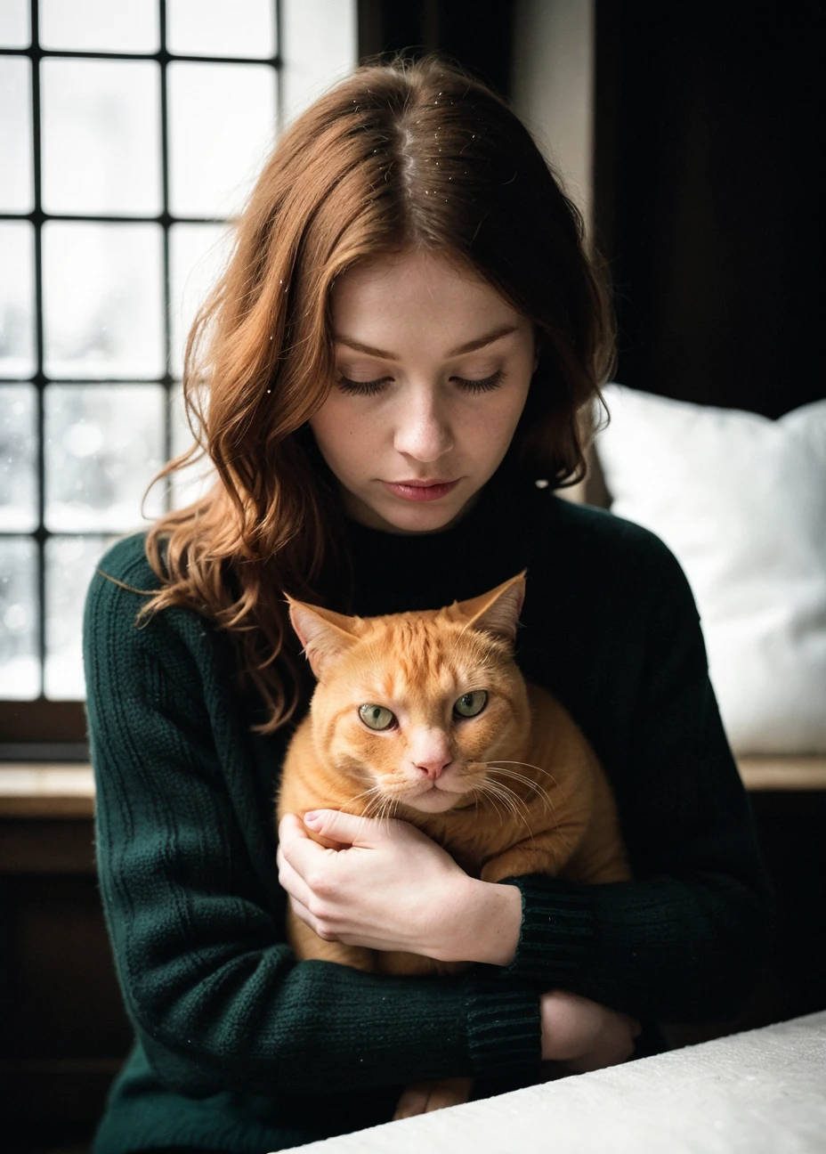 low angle portrait of a pale ginger woman holding a red cat in her arms, (she is wearing a green knitted sweater:1.2), they are curled up in a comfortable chair (in front of a window, It is snowing outside:1.2), blissful, (warm christmas lights inside). warm deep reds, (camera flashlight photography:1.2), background in focus, (hard shadows, pitch black background, unlit,  dark theme, dim lighting, deep contrast:1.25)