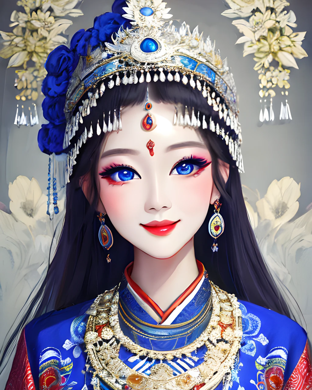 woman wearing miaofashion, portrait, big blue eyes, sweet smile, masterpiece, 8k, highest quality, trending on art station