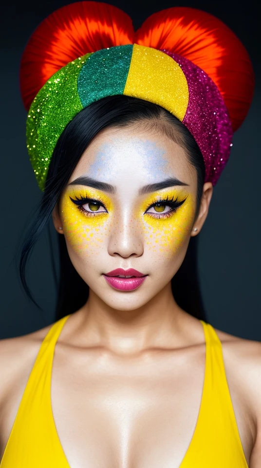 beautiful asian lady, freckles, brilliant glitter makeup, (red and blue and yellow and green and vitiligo skin: 1.5), perfect sexy breasts, hyperdetailed photography, soft light, head and breast portrait, cover,, best quality, (detailed beautiful face, detail skin texture, ultra-detailed body:1.1)